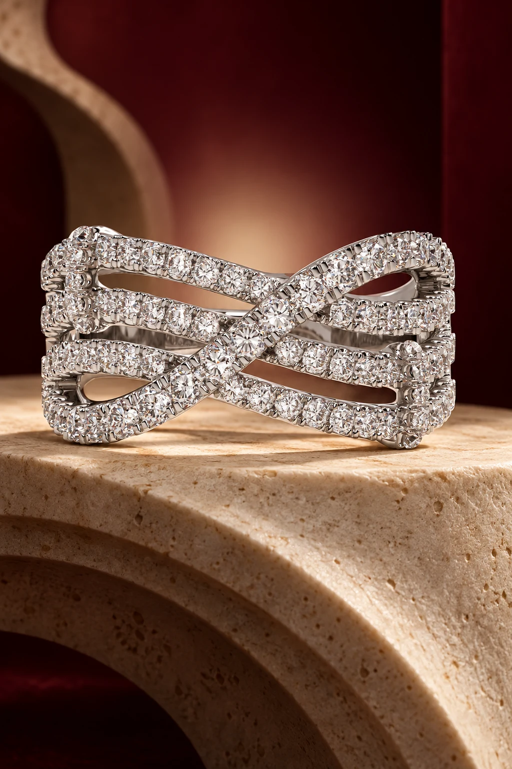 An editorial view of a sculptural diamond ring