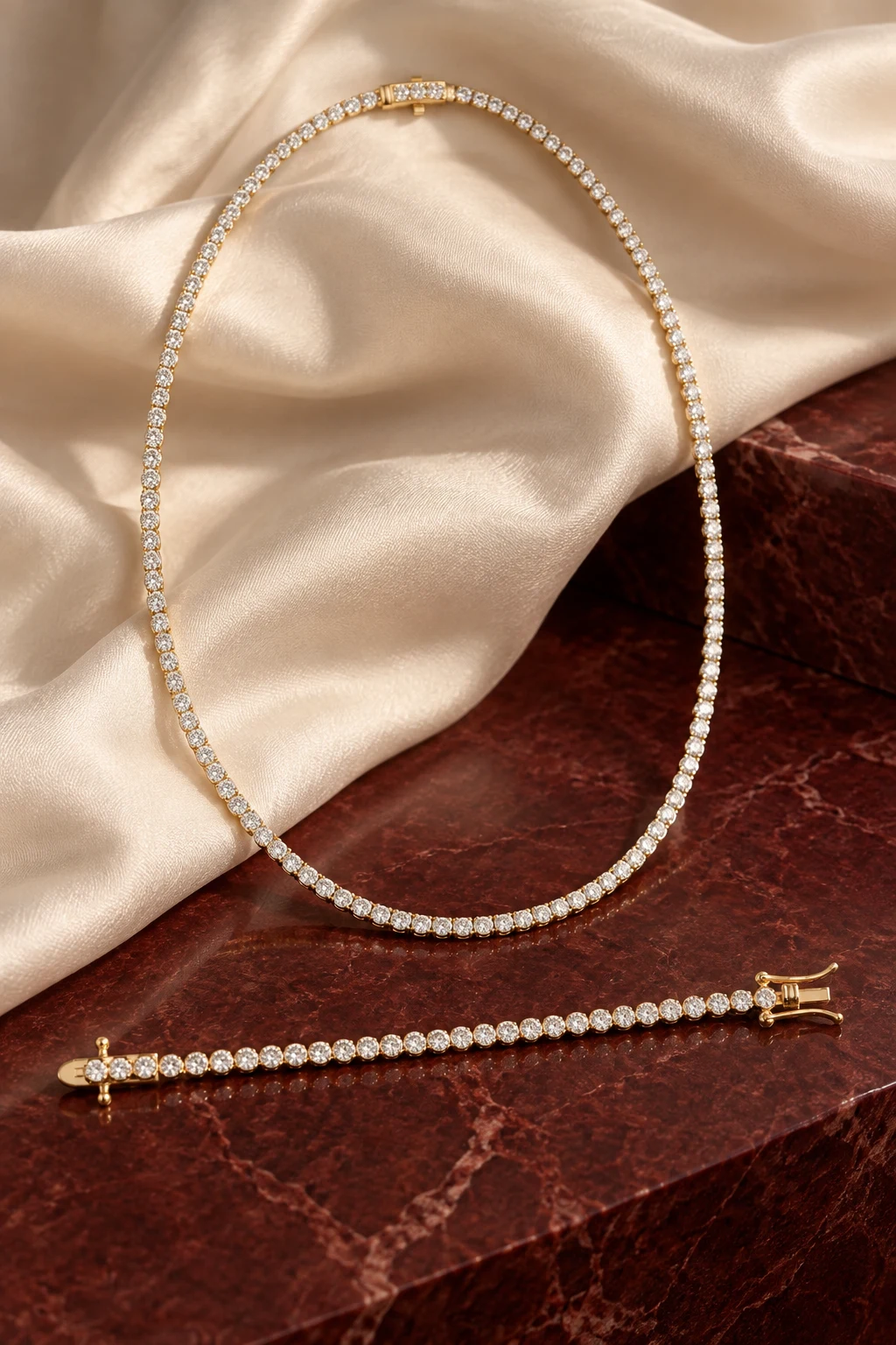 Diamond tennis necklace and bracelet on ivory silk and burgundy marble